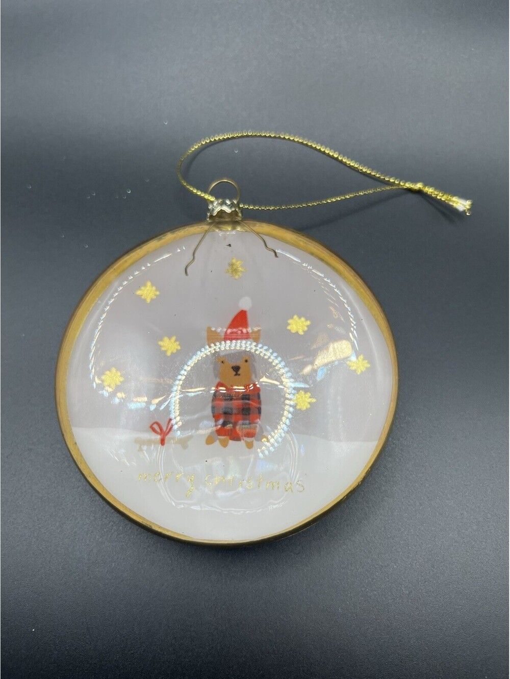 MERRY CHRISTMAS WHITE DOG REINDEER EARS RED BIRD CHRISTMAS TREE ORNAMENT GOLD